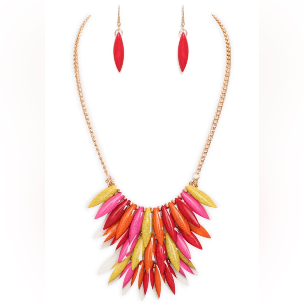Multicolor Spike Statement Necklace & Earring Set - Red, Pink, Orange, Yellow